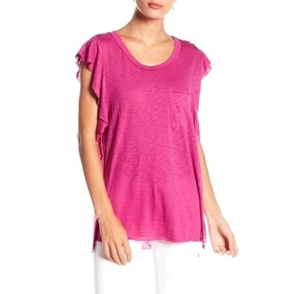Free People Shirt Women Small Pink‎ Raspberry Ruffled So Easy Tee Top Boho NWT